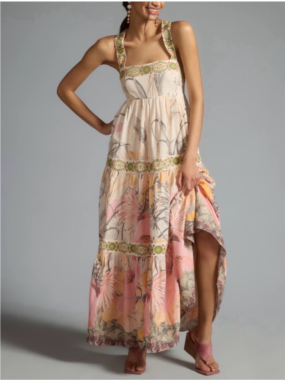 Anthropologie Square Neck Embroidered Tie Bow Back Pink Bohemian Maxi Dress - L